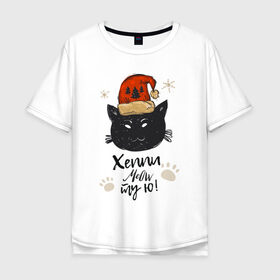 Мужская футболка хлопок Oversize с принтом Новогодний кот в Екатеринбурге, 100% хлопок | свободный крой, круглый ворот, “спинка” длиннее передней части | Тематика изображения на принте: 