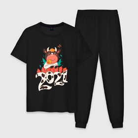 Мужская пижама хлопок с принтом Год быка 2021 в Екатеринбурге, 100% хлопок | брюки и футболка прямого кроя, без карманов, на брюках мягкая резинка на поясе и по низу штанин
 | 