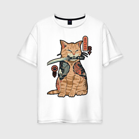 Женская футболка хлопок Oversize с принтом Кот самурай в Екатеринбурге, 100% хлопок | свободный крой, круглый ворот, спущенный рукав, длина до линии бедер
 | cat | иероглифы | кот | котэ | котяра | кошка | меч | ниндзя | самурай | япония