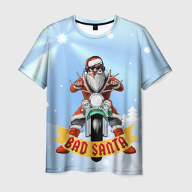 Мужская футболка 3D с принтом Bad Santa Biker в Екатеринбурге, 100% полиэфир | прямой крой, круглый вырез горловины, длина до линии бедер | Тематика изображения на принте: 