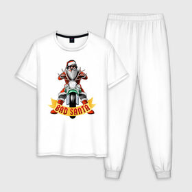 Мужская пижама хлопок с принтом Bad Santa Biker в Екатеринбурге, 100% хлопок | брюки и футболка прямого кроя, без карманов, на брюках мягкая резинка на поясе и по низу штанин
 | Тематика изображения на принте: 