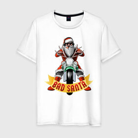 Мужская футболка хлопок с принтом Bad Santa Biker в Екатеринбурге, 100% хлопок | прямой крой, круглый вырез горловины, длина до линии бедер, слегка спущенное плечо. | 