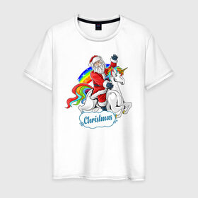 Мужская футболка хлопок с принтом Santa Claus Rides в Екатеринбурге, 100% хлопок | прямой крой, круглый вырез горловины, длина до линии бедер, слегка спущенное плечо. | Тематика изображения на принте: 