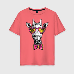 Женская футболка хлопок Oversize с принтом Жираф хипстер в Екатеринбурге, 100% хлопок | свободный крой, круглый ворот, спущенный рукав, длина до линии бедер
 | Тематика изображения на принте: butterfly | cool | ears | eyes | fashion | giraffe | hipster | horns | hype | muzzle | бабочка | глаза | жираф | круто | очки | рога | уши