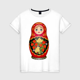Женская футболка хлопок с принтом Матрешка Снегурка Хохлома в Екатеринбурге, 100% хлопок | прямой крой, круглый вырез горловины, длина до линии бедер, слегка спущенное плечо | 