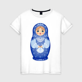 Женская футболка хлопок с принтом Матрешка Снегурка Гжель в Екатеринбурге, 100% хлопок | прямой крой, круглый вырез горловины, длина до линии бедер, слегка спущенное плечо | 
