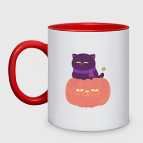 Кружка двухцветная с принтом Хеллоуиновский кот в Екатеринбурге, керамика | объем — 330 мл, диаметр — 80 мм. Цветная ручка и кайма сверху, в некоторых цветах — вся внутренняя часть | арт | ведьма | кот | кошка | рисунок | сладость чупа чупс | тыква | хеллоуин | хэллоуин | чёрная кошка | чёрный кот | шарф