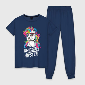 Женская пижама хлопок с принтом Unicorn hipster в Екатеринбурге, 100% хлопок | брюки и футболка прямого кроя, без карманов, на брюках мягкая резинка на поясе и по низу штанин | color | cool | eyes | fashion | hipster | horn | hype | mane | muzzle | unicorn | глаза | грива | единорог | круто | мода | очки | рог | хайп | хипстер | цвет