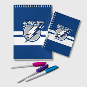 Блокнот с принтом TAMPA BAY LIGHTING в Екатеринбурге, 100% бумага | 48 листов, плотность листов — 60 г/м2, плотность картонной обложки — 250 г/м2. Листы скреплены удобной пружинной спиралью. Цвет линий — светло-серый
 | Тематика изображения на принте: hockey | logo | nhl | sport | tampa | tampa bay | team | usa | линии | логотип | нхл | спорт | сша | тампа | тампа бэй | хоккей