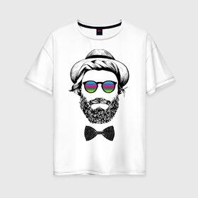 Женская футболка хлопок Oversize с принтом Hipster в Екатеринбурге, 100% хлопок | свободный крой, круглый ворот, спущенный рукав, длина до линии бедер
 | beard | butterfly | cool | dude | face | fashion | guy | hat | hipster | hype | moustache | бабочка | борода | круто | лицо | мода | очки | парень | усы | хайп | хипстер | чувак | шляпа