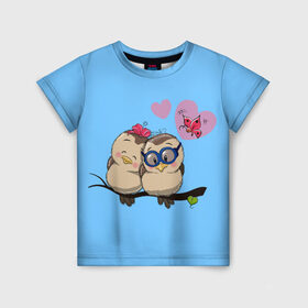 Детская футболка 3D с принтом Влюблённые пташки в Екатеринбурге, 100% гипоаллергенный полиэфир | прямой крой, круглый вырез горловины, длина до линии бедер, чуть спущенное плечо, ткань немного тянется | влюблённые птички. | воробушки | любовь | птицы | сердечки