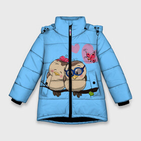 Зимняя куртка для девочек 3D с принтом Влюблённые пташки в Екатеринбурге, ткань верха — 100% полиэстер; подклад — 100% полиэстер, утеплитель — 100% полиэстер. | длина ниже бедра, удлиненная спинка, воротник стойка и отстегивающийся капюшон. Есть боковые карманы с листочкой на кнопках, утяжки по низу изделия и внутренний карман на молнии. 

Предусмотрены светоотражающий принт на спинке, радужный светоотражающий элемент на пуллере молнии и на резинке для утяжки. | влюблённые птички. | воробушки | любовь | птицы | сердечки