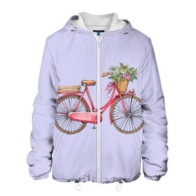 Мужская куртка 3D с принтом Bicycle в Екатеринбурге, ткань верха — 100% полиэстер, подклад — флис | прямой крой, подол и капюшон оформлены резинкой с фиксаторами, два кармана без застежек по бокам, один большой потайной карман на груди. Карман на груди застегивается на липучку | букет | велосипед | лето | цветы