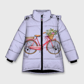 Зимняя куртка для девочек 3D с принтом Bicycle в Екатеринбурге, ткань верха — 100% полиэстер; подклад — 100% полиэстер, утеплитель — 100% полиэстер. | длина ниже бедра, удлиненная спинка, воротник стойка и отстегивающийся капюшон. Есть боковые карманы с листочкой на кнопках, утяжки по низу изделия и внутренний карман на молнии. 

Предусмотрены светоотражающий принт на спинке, радужный светоотражающий элемент на пуллере молнии и на резинке для утяжки. | букет | велосипед | лето | цветы