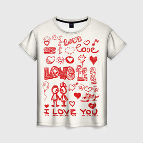 Женская футболка 3D с принтом Детская любовь, в Екатеринбурге, 100% полиэфир ( синтетическое хлопкоподобное полотно) | прямой крой, круглый вырез горловины, длина до линии бедер | дети | детские рисунки | любовь | сердечки | я тебя люблю.