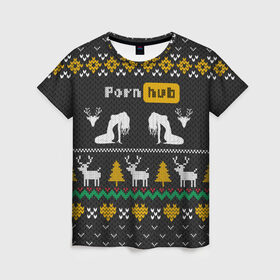 Женская футболка 3D с принтом Pornhub свитер с оленями в Екатеринбурге, 100% полиэфир ( синтетическое хлопкоподобное полотно) | прямой крой, круглый вырез горловины, длина до линии бедер | 2021 | knit | knitted | merch | new year | sweater | ugly sweater | вязанный | вязяный | зимний | лого | логотип | мерч | новый год | олени | рождественский | рождественский свитер | рождес