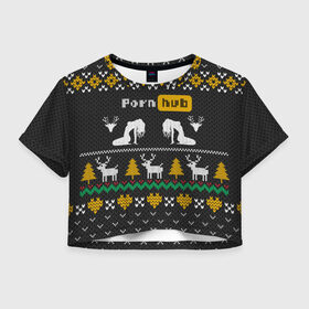 Женская футболка Crop-top 3D с принтом Pornhub свитер с оленями в Екатеринбурге, 100% полиэстер | круглая горловина, длина футболки до линии талии, рукава с отворотами | 2021 | knit | knitted | merch | new year | sweater | ugly sweater | вязанный | вязяный | зимний | лого | логотип | мерч | новый год | олени | рождественский | рождественский свитер | рождес