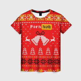 Женская футболка 3D с принтом Pornhub рождественский свитер в Екатеринбурге, 100% полиэфир ( синтетическое хлопкоподобное полотно) | прямой крой, круглый вырез горловины, длина до линии бедер | 2021 | christmas | knit | knitted | merch | new year | sweater | ugly sweater | вязанный | вязяный | зимний | лого | логотип | мерч | новый год | олени | рождественский | рождество