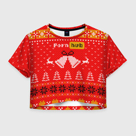 Женская футболка Crop-top 3D с принтом Pornhub рождественский свитер в Екатеринбурге, 100% полиэстер | круглая горловина, длина футболки до линии талии, рукава с отворотами | 2021 | christmas | knit | knitted | merch | new year | sweater | ugly sweater | вязанный | вязяный | зимний | лого | логотип | мерч | новый год | олени | рождественский | рождество