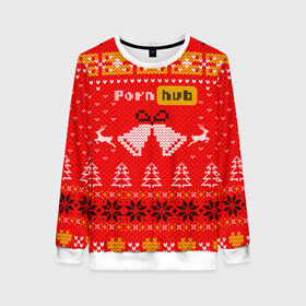 Женский свитшот 3D с принтом Pornhub рождественский свитер в Екатеринбурге, 100% полиэстер с мягким внутренним слоем | круглый вырез горловины, мягкая резинка на манжетах и поясе, свободная посадка по фигуре | 2021 | christmas | knit | knitted | merch | new year | sweater | ugly sweater | вязанный | вязяный | зимний | лого | логотип | мерч | новый год | олени | рождественский | рождество