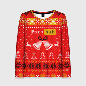Женский лонгслив 3D с принтом Pornhub рождественский свитер в Екатеринбурге, 100% полиэстер | длинные рукава, круглый вырез горловины, полуприлегающий силуэт | 2021 | christmas | knit | knitted | merch | new year | sweater | ugly sweater | вязанный | вязяный | зимний | лого | логотип | мерч | новый год | олени | рождественский | рождество