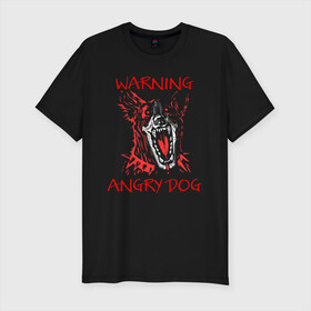 Мужская футболка хлопок Slim с принтом Осторожно, злая собака! в Екатеринбурге, 92% хлопок, 8% лайкра | приталенный силуэт, круглый вырез ворота, длина до линии бедра, короткий рукав | Тематика изображения на принте: angry | angry dog | cyber | cyber dog | cyberpunk | dog | злая собака | злость | кибер | кибер собака | киберпанк | собака
