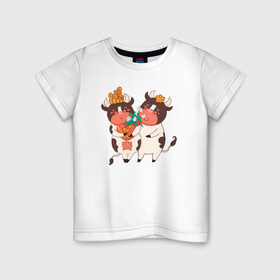 Детская футболка хлопок с принтом Влюбленные бычок и корова в Екатеринбурге, 100% хлопок | круглый вырез горловины, полуприлегающий силуэт, длина до линии бедер | 