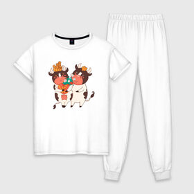 Женская пижама хлопок с принтом Влюбленные бычок и корова в Екатеринбурге, 100% хлопок | брюки и футболка прямого кроя, без карманов, на брюках мягкая резинка на поясе и по низу штанин | 