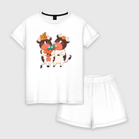 Женская пижама с шортиками хлопок с принтом Влюбленные бычок и корова в Екатеринбурге, 100% хлопок | футболка прямого кроя, шорты свободные с широкой мягкой резинкой | 