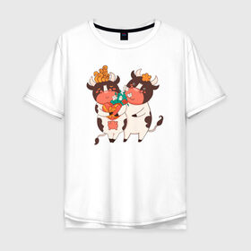 Мужская футболка хлопок Oversize с принтом Влюбленные бычок и корова в Екатеринбурге, 100% хлопок | свободный крой, круглый ворот, “спинка” длиннее передней части | 
