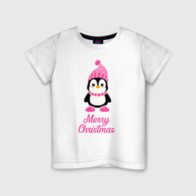 Детская футболка хлопок с принтом Пингвин в Екатеринбурге, 100% хлопок | круглый вырез горловины, полуприлегающий силуэт, длина до линии бедер | 2021 | merry christmas | белка | год быка | дед мороз | детская | дух  рождества | дух нового года | енот | животное | лиса | милый пингвин | новогодняя | пенгвин | пингвин | пингвиненок | пингвины | праздник