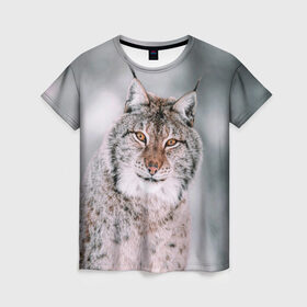 Женская футболка 3D с принтом Рысь в Екатеринбурге, 100% полиэфир ( синтетическое хлопкоподобное полотно) | прямой крой, круглый вырез горловины, длина до линии бедер | cat | животные | звири | кис | киска | кот | котейка | котик | коты | котяра | кошка | кошки | природа | рысь