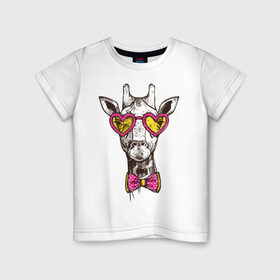 Детская футболка хлопок с принтом Жираф с бабочкой в Екатеринбурге, 100% хлопок | круглый вырез горловины, полуприлегающий силуэт, длина до линии бедер | бабочки | животное | жираф | очки | рисунок | розовые | сердечки