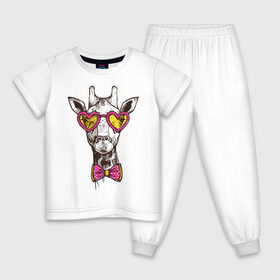 Детская пижама хлопок с принтом Жираф с бабочкой в Екатеринбурге, 100% хлопок |  брюки и футболка прямого кроя, без карманов, на брюках мягкая резинка на поясе и по низу штанин
 | Тематика изображения на принте: бабочки | животное | жираф | очки | рисунок | розовые | сердечки