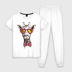 Женская пижама хлопок с принтом Жираф с бабочкой в Екатеринбурге, 100% хлопок | брюки и футболка прямого кроя, без карманов, на брюках мягкая резинка на поясе и по низу штанин | бабочки | животное | жираф | очки | рисунок | розовые | сердечки