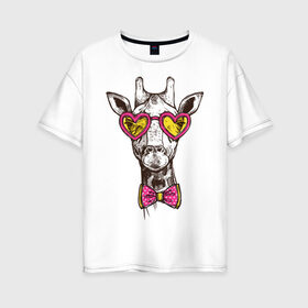 Женская футболка хлопок Oversize с принтом Жираф с бабочкой в Екатеринбурге, 100% хлопок | свободный крой, круглый ворот, спущенный рукав, длина до линии бедер
 | бабочки | животное | жираф | очки | рисунок | розовые | сердечки