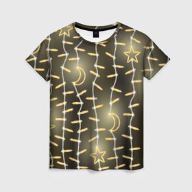 Женская футболка 3D с принтом Золотая Гирлянда в Екатеринбурге, 100% полиэфир ( синтетическое хлопкоподобное полотно) | прямой крой, круглый вырез горловины, длина до линии бедер | 