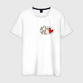Мужская футболка хлопок с принтом Heart в Екатеринбурге, 100% хлопок | прямой крой, круглый вырез горловины, длина до линии бедер, слегка спущенное плечо. | влюбленные | красный | люди | минимализм | отношения | рисунок | сердечко | страсть | человечки