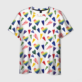 Мужская футболка 3D с принтом Пастельные сердца в Екатеринбурге, 100% полиэфир | прямой крой, круглый вырез горловины, длина до линии бедер | gradient | heart | pastel | pattern | rainbow | watercolor | акварель | градиент | пастель | радуга | сердце | узор