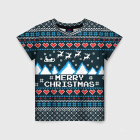 Детская футболка 3D с принтом Свитер Merry Christmas в Екатеринбурге, 100% гипоаллергенный полиэфир | прямой крой, круглый вырез горловины, длина до линии бедер, чуть спущенное плечо, ткань немного тянется | 8бит | merry christmas | вязаный | горы | новый год | олени | пиксельный | ретро | рождество | свитер | узор