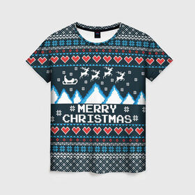 Женская футболка 3D с принтом Свитер Merry Christmas в Екатеринбурге, 100% полиэфир ( синтетическое хлопкоподобное полотно) | прямой крой, круглый вырез горловины, длина до линии бедер | 8бит | merry christmas | вязаный | горы | новый год | олени | пиксельный | ретро | рождество | свитер | узор