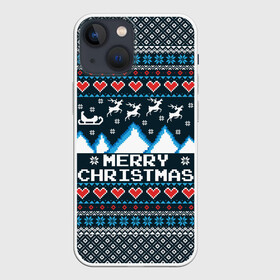 Чехол для iPhone 13 mini с принтом Свитер Merry Christmas в Екатеринбурге,  |  | Тематика изображения на принте: 8бит | merry christmas | вязаный | горы | новый год | олени | пиксельный | ретро | рождество | свитер | узор