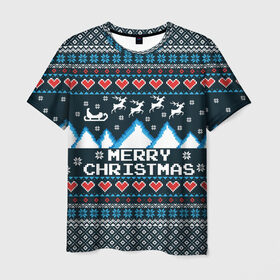 Мужская футболка 3D с принтом Свитер Merry Christmas в Екатеринбурге, 100% полиэфир | прямой крой, круглый вырез горловины, длина до линии бедер | 8бит | merry christmas | вязаный | горы | новый год | олени | пиксельный | ретро | рождество | свитер | узор