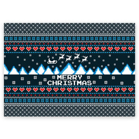 Поздравительная открытка с принтом Свитер Merry Christmas в Екатеринбурге, 100% бумага | плотность бумаги 280 г/м2, матовая, на обратной стороне линовка и место для марки
 | 8бит | merry christmas | вязаный | горы | новый год | олени | пиксельный | ретро | рождество | свитер | узор