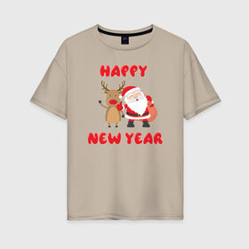 Женская футболка хлопок Oversize с принтом Happy new year в Екатеринбурге, 100% хлопок | свободный крой, круглый ворот, спущенный рукав, длина до линии бедер
 | 
