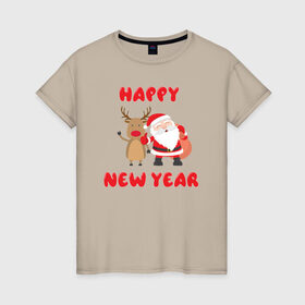 Женская футболка хлопок с принтом Happy new year в Екатеринбурге, 100% хлопок | прямой крой, круглый вырез горловины, длина до линии бедер, слегка спущенное плечо | 