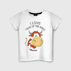 Детская футболка хлопок с принтом I love year of the bull! в Екатеринбурге, 100% хлопок | круглый вырез горловины, полуприлегающий силуэт, длина до линии бедер | Тематика изображения на принте: 