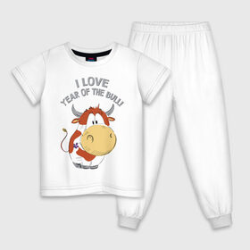 Детская пижама хлопок с принтом I love year of the bull! в Екатеринбурге, 100% хлопок |  брюки и футболка прямого кроя, без карманов, на брюках мягкая резинка на поясе и по низу штанин
 | 