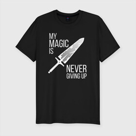 Мужская футболка хлопок Slim с принтом My magic is never giving up в Екатеринбурге, 92% хлопок, 8% лайкра | приталенный силуэт, круглый вырез ворота, длина до линии бедра, короткий рукав | anime | asta | black clover | demon | magic | yuno | аниме | аниме черный клевер | анимэ | аста | демон | клевер | магия | черный клевер | юно