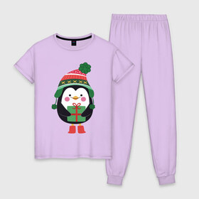 Женская пижама хлопок с принтом Пингвиненок с подарком в Екатеринбурге, 100% хлопок | брюки и футболка прямого кроя, без карманов, на брюках мягкая резинка на поясе и по низу штанин | милый пингвин | милый пингвиненок | новогодний пингвин | новогодний пингвиненок | пингвин | пингвин в шапке | пингвин новый год | пингвин с подарком | пингвиненок | пингвиненок в шапке